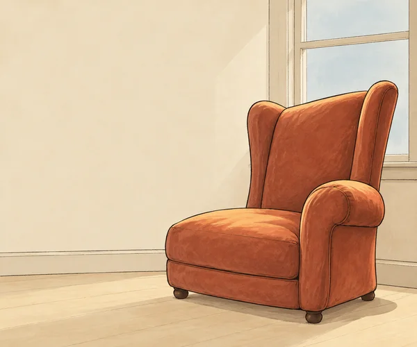 A large rust-colored upholstered armchair with a tall back and rounded arm sits on a pale wood floor beside a blue-grey multi-pane window.