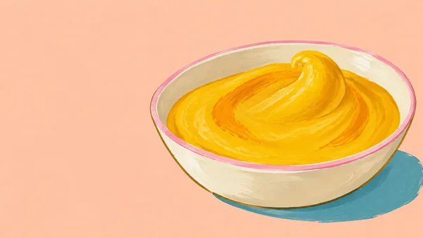 A broad ivory bowl with a pink rim sits against a pale peach background, filled with a large curling swirl of golden mango puree and orange brush marks; a cyan…