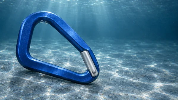 A large cobalt-blue carabiner with a silver gate rests diagonally on a mottled blue-grey floor underwater, with two small bubbles clinging inside its upper…