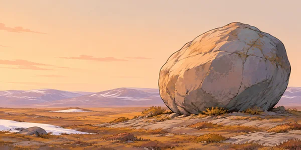 A large rounded boulder rises above ochre tundra shrubs beneath a pale peach sky, with a lavender ridge and scattered snow patches in the distance and…