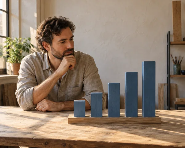 A bearded man in a light linen shirt sits at a wooden worktable, studying five blue wooden columns of increasing height on a long wooden base.