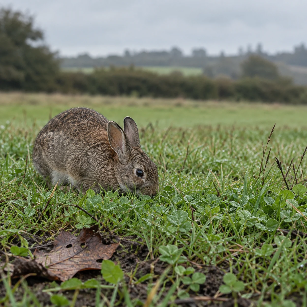 A grey-brown rabbit grazes among clover and grass in a damp meadow, with a brown leaf on dark soil in the foreground and a blurred hedgerow beneath a pale sky.