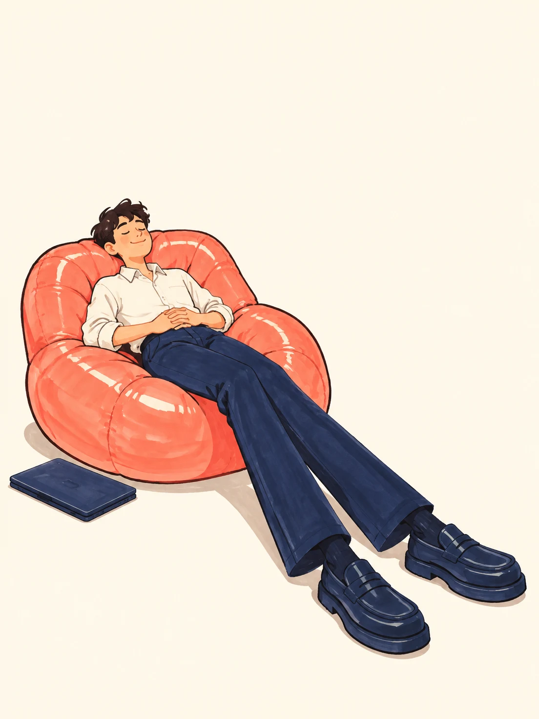 A person in a cream shirt and navy trousers reclines with closed eyes in a glossy coral inflatable chair, legs extended toward the lower right in oversized…