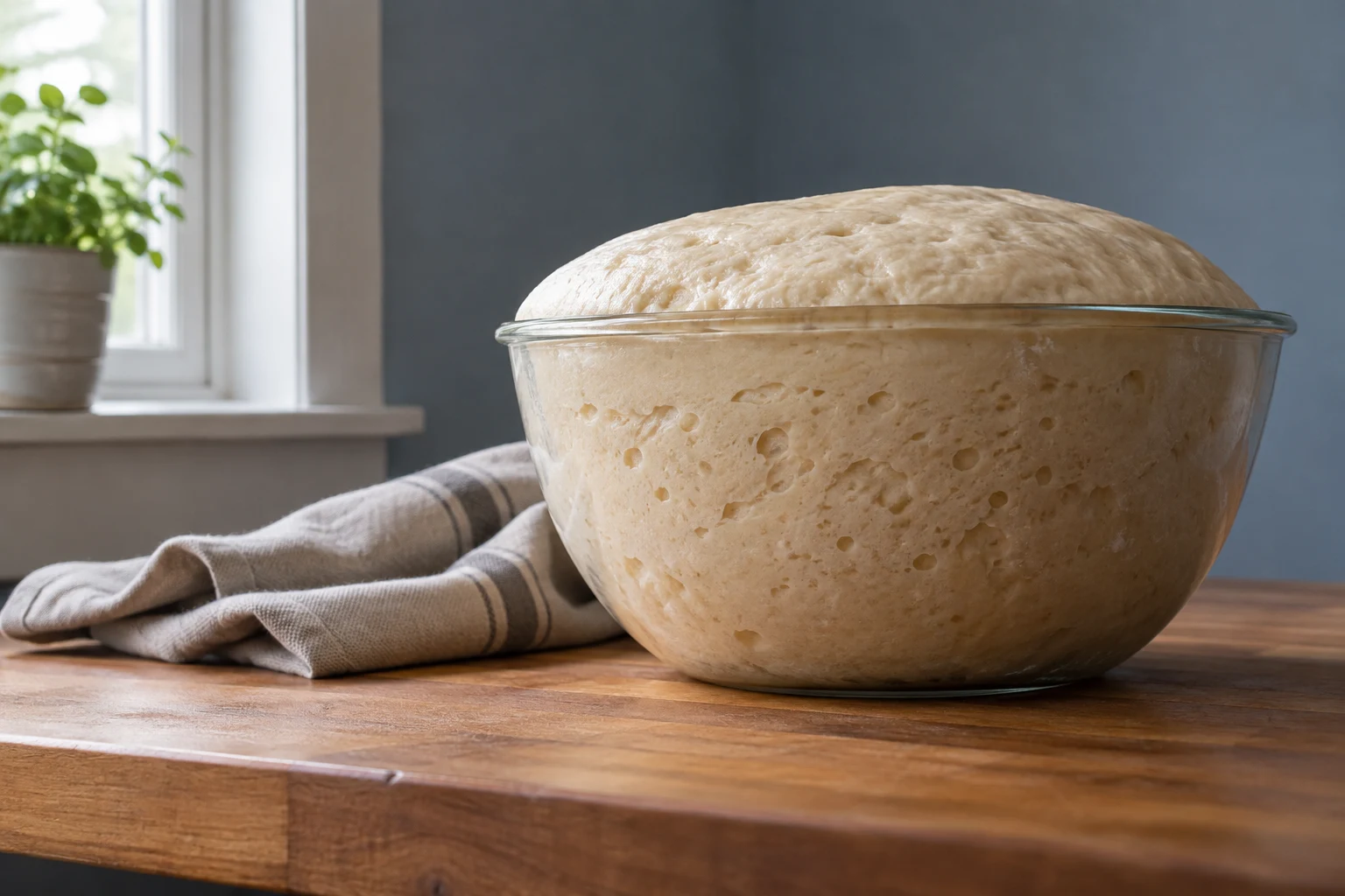A large clear glass bowl filled with pale, bubbly bread dough sits on a wooden workbench, with a folded striped linen cloth beside it.