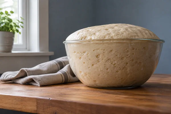 A large clear glass bowl filled with pale, bubbly bread dough sits on a wooden workbench, with a folded striped linen cloth beside it.