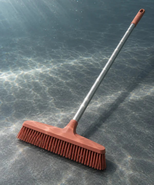 A coral-colored broom lies diagonally across a textured slate-grey floor, with a long metallic handle ending in a matching grip.