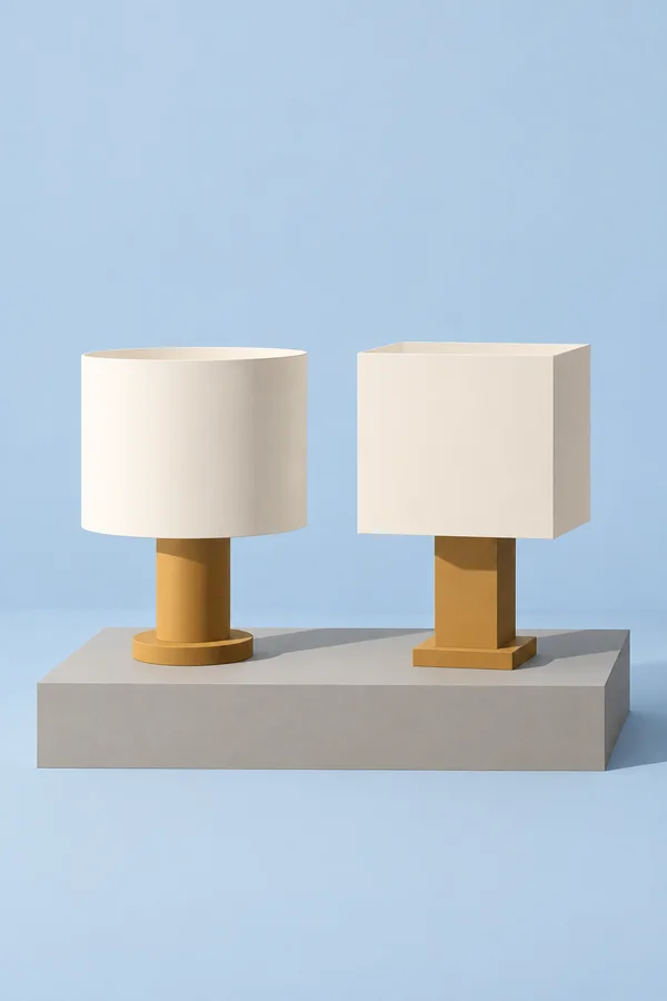 Two ivory table lamps with ochre stems and bases sit side by side on a broad warm-grey plinth against a pale blue background.