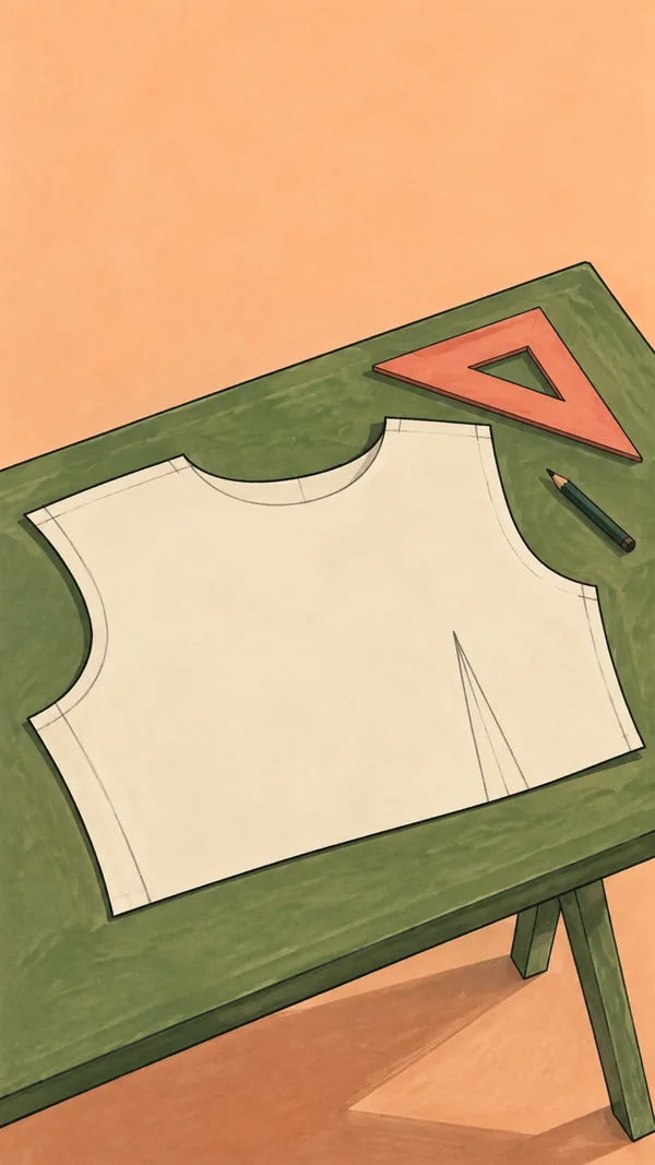A cream bodice pattern with faint pencil contours and a long dart lies on a moss-green drafting table, with a coral triangular set square and dark pencil…