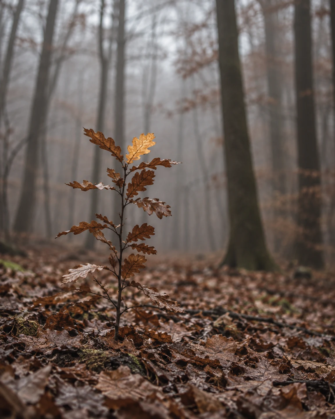 A slender young oak sapling with brown leaves stands in a carpet of fallen leaves in a softly blurred, misty woodland; one leaf near the top is golden.