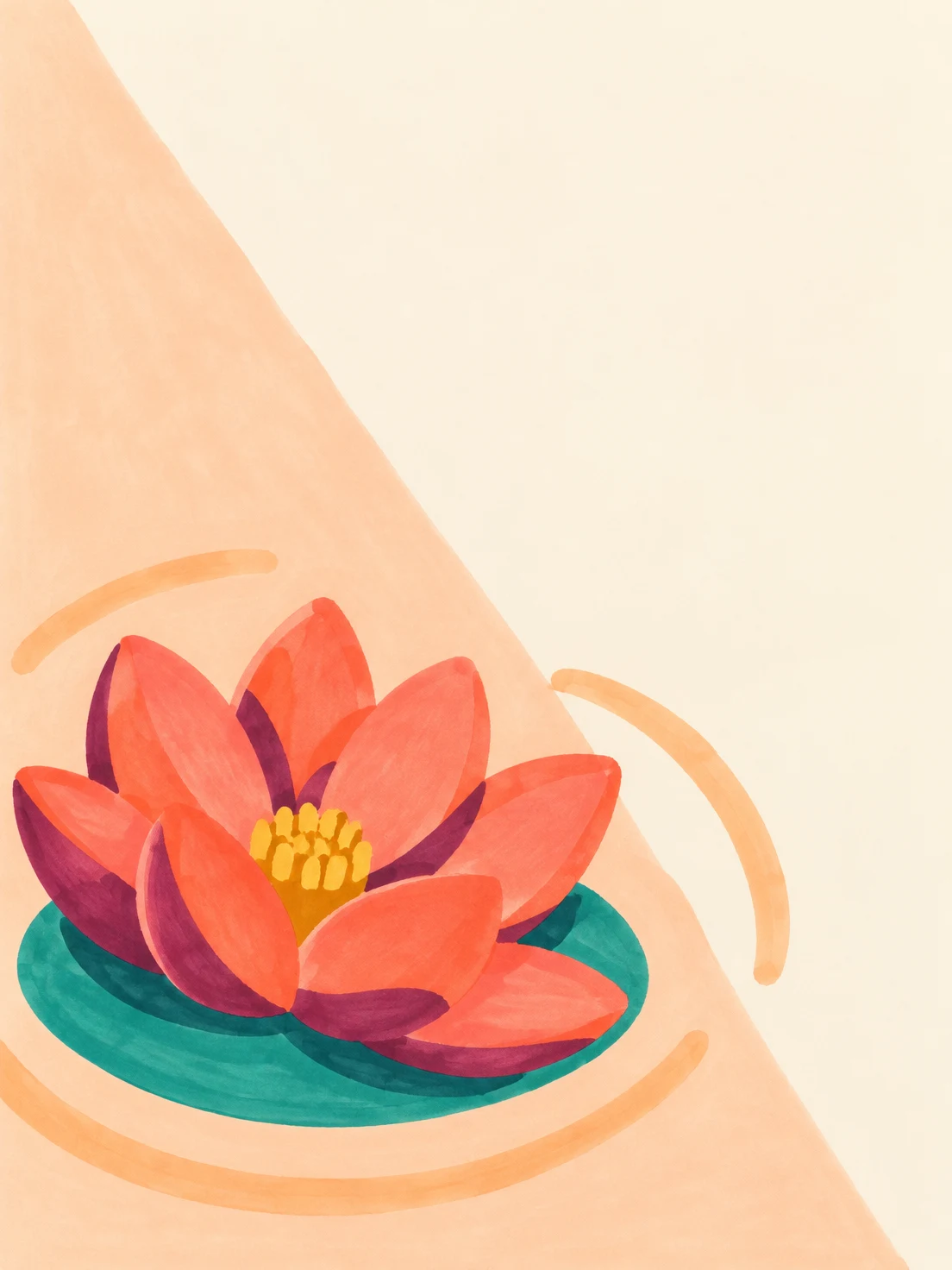 A coral lotus with rounded overlapping petals and a small golden center sits on a teal lily pad in the lower-left of a pale cream background.