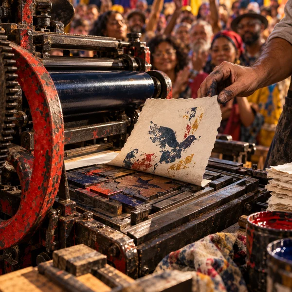A worn red-and-black letterpress fills the foreground.