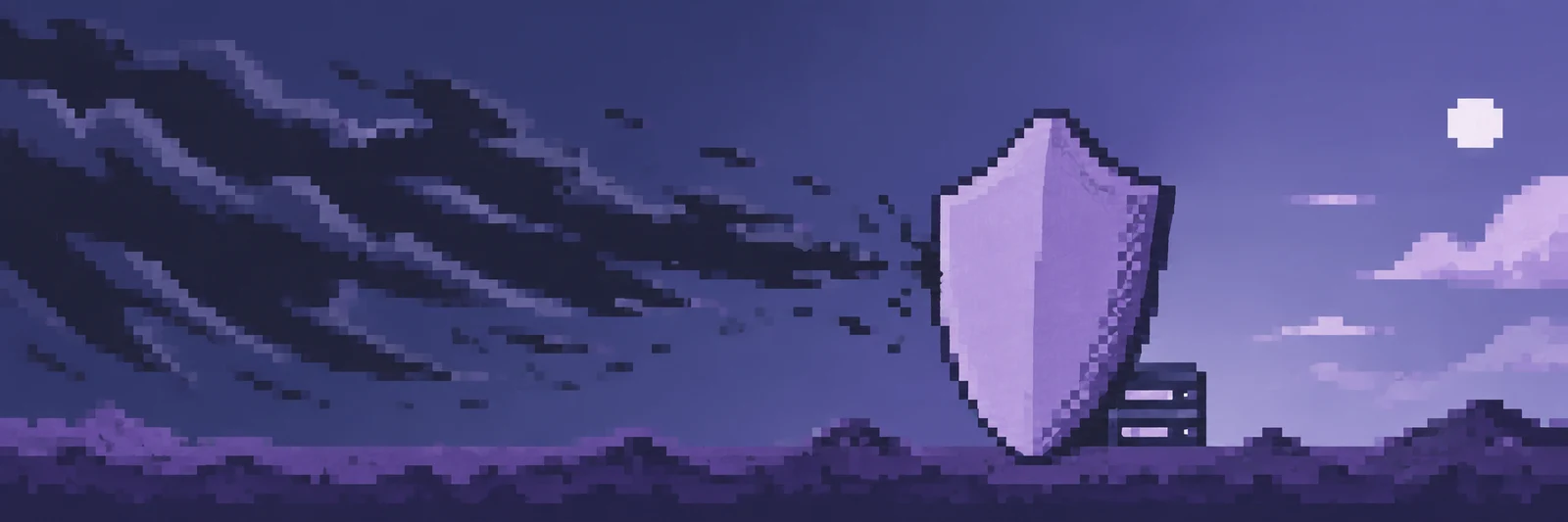 A broad lavender shield stands on a pixelated violet ridge, sheltering a small dark server with two pale slots as dark gusts sweep in from the left; a pale…