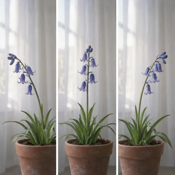 A bluebell plant with nodding violet-blue flowers and long green leaves appears in three adjacent panels, leaning left, upright, and right in a terracotta pot…
