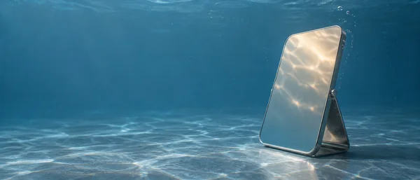 A polished rectangular metal tabletop mirror stands on a blue underwater floor, its folded support visible behind it.