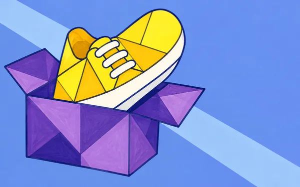 A large yellow geometric sneaker with three white lace strokes rises from an open violet box with spread flaps, against a blue background crossed by a…
