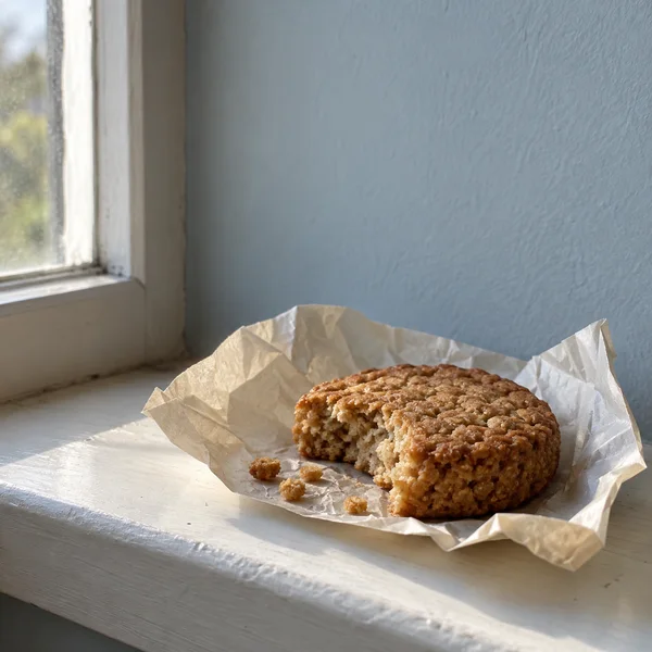 A thick, broken oat biscuit rests in an open cream paper wrapper on a painted kitchen windowsill, with crumbs beside it and a pale-blue wall and window behind.