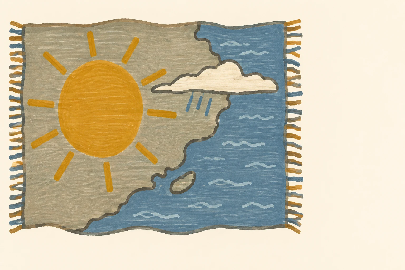 A hand-drawn textile weather map shows a large ochre sun over grey land, with a cream cloud and three blue rain strokes near a curved coastline; muted blue sea…