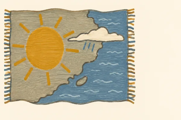 A hand-drawn textile weather map shows a large ochre sun over grey land, with a cream cloud and three blue rain strokes near a curved coastline; muted blue sea…