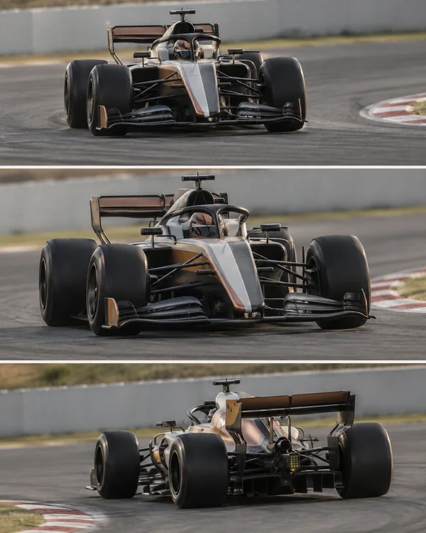 A pearl-grey and copper open-wheel race car appears in three trackside photographs: approaching head-on, closest to the camera, and driving away through a…