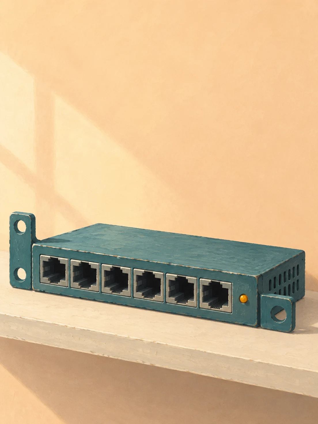 A wide teal network switch with six dark Ethernet sockets and an amber indicator sits diagonally on a cream shelf against a softly textured apricot background.