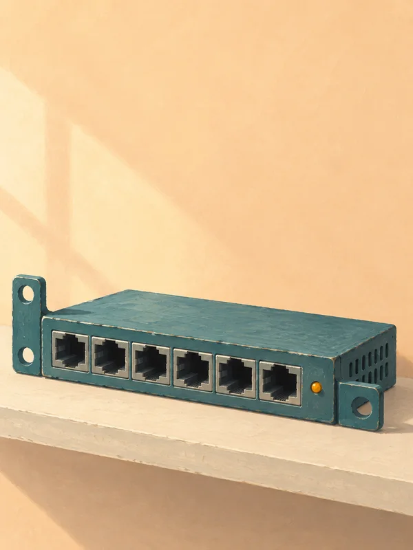 A wide teal network switch with six dark Ethernet sockets and an amber indicator sits diagonally on a cream shelf against a softly textured apricot background.