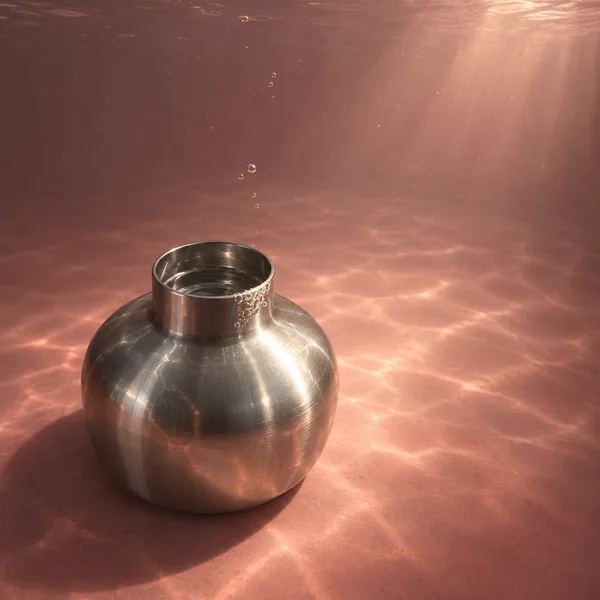 A squat, rounded stainless-steel vessel with a wide open neck rests on a rose-colored underwater floor, lit from the upper right; bubbles rise above it through…