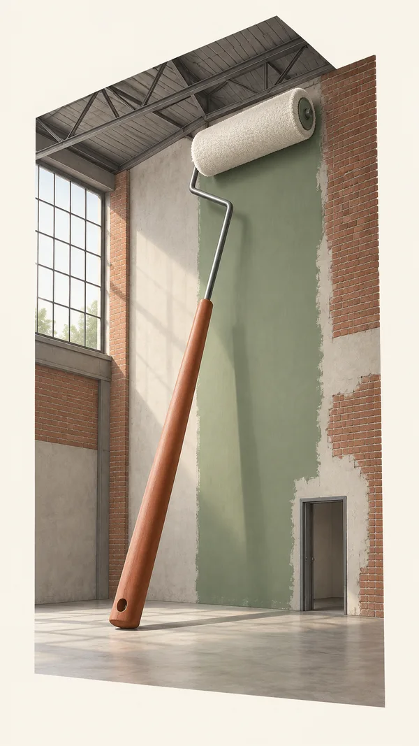 A giant cream paint roller leans diagonally against a warehouse wall, over a broad sage-green painted strip bordered by exposed red brick and pale plaster.