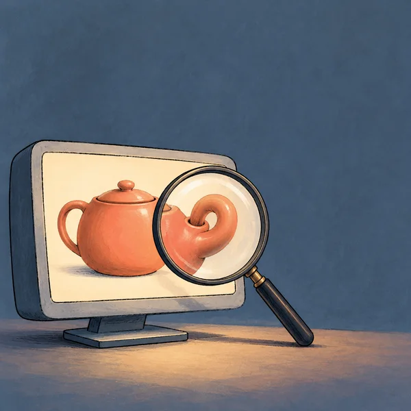 A wide desktop monitor on a tabletop displays a coral teapot with a spout curled back into its body; a large diagonal magnifying glass enlarges the faulty…