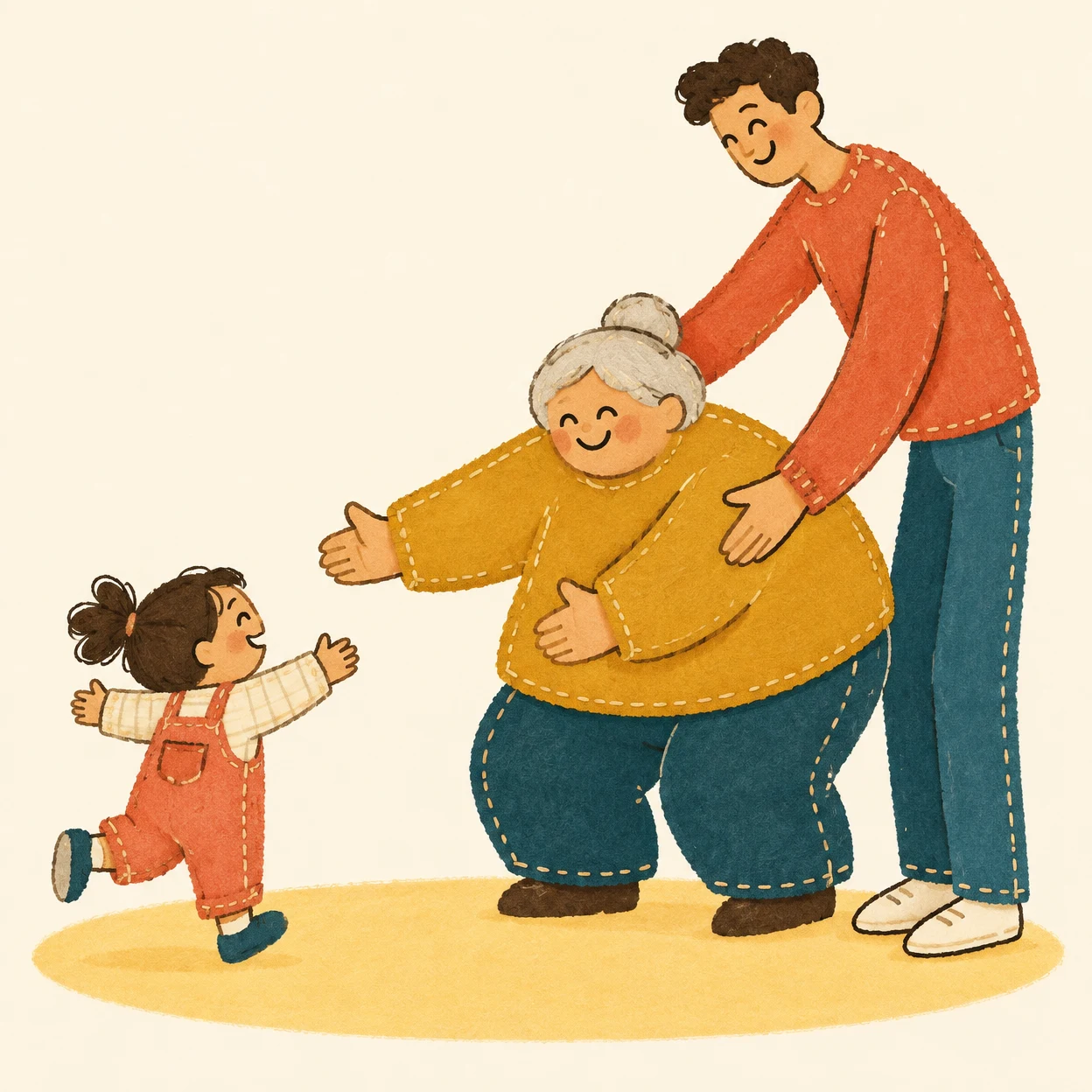 A small child in coral overalls skips toward a silver-haired older person in a mustard top and a tall adult in a coral top and teal trousers, who lean forward…