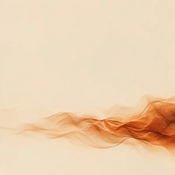 Translucent burnt-orange wisps sweep across the lower part of a warm almond-colored square field, gathering into a dense layered plume at the right and fading…