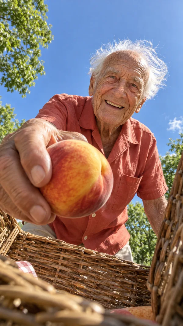 A smiling elderly man with wispy white hair leans over a wicker picnic hamper and reaches a large golden-red peach toward the camera.