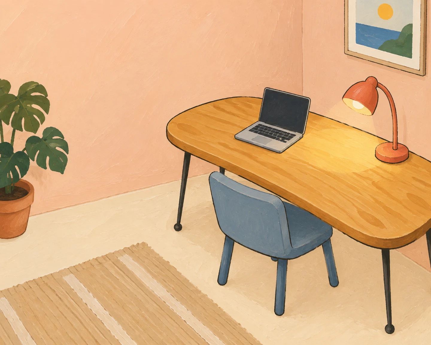 A rounded honey-colored wooden desk with a dark-screen laptop and lit coral lamp stands against peach walls, with a dusty-blue chair tucked beneath it.