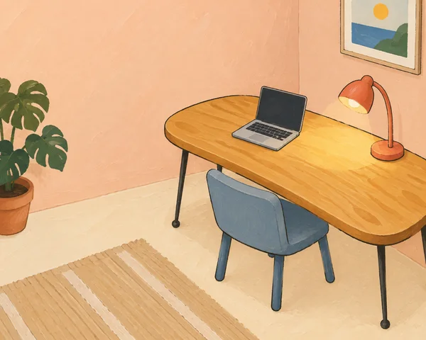 A rounded honey-colored wooden desk with a dark-screen laptop and lit coral lamp stands against peach walls, with a dusty-blue chair tucked beneath it.