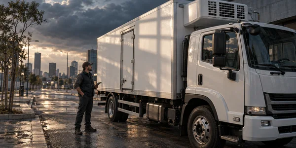 A white refrigerated freight truck dominates a wet urban street.