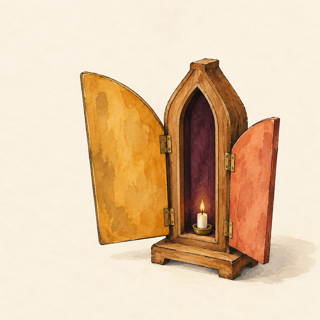 A small wooden shrine stands on a chunky base against a warm ivory background, its tall plum-lined arched niche holding a lit candle.