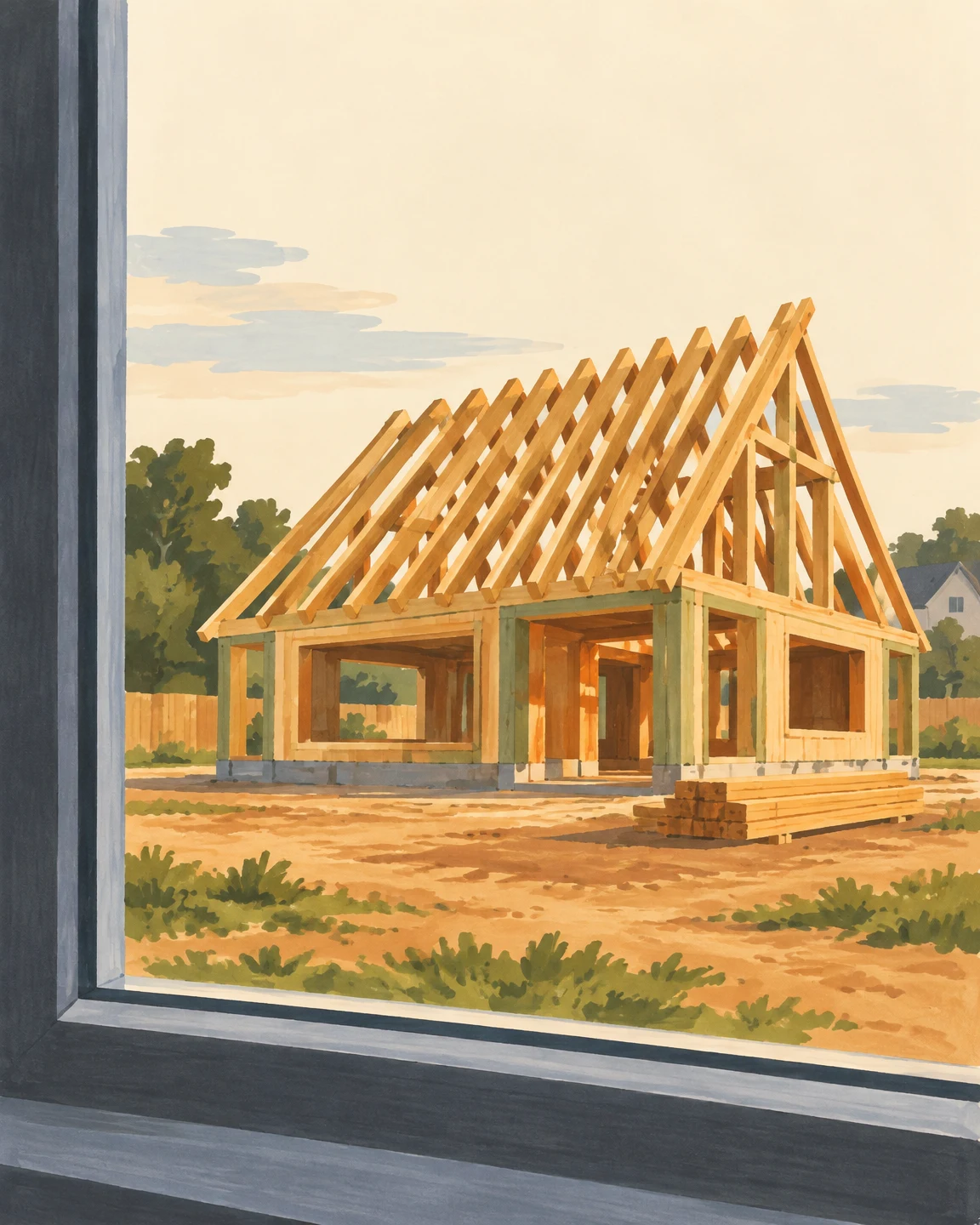 A timber-frame house under construction, with exposed roof rafters and a stack of boards on a residential plot, viewed through a dark window frame.