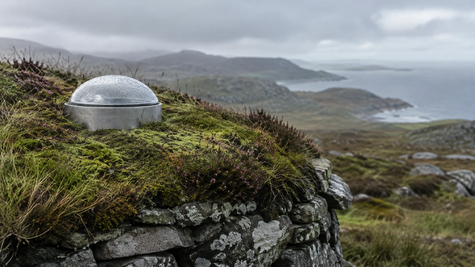 A mist-beaded clear dome on a brushed-metal base sits in the moss and heather covering a stone roof, with a hazy coastal hillside and sea behind it.
