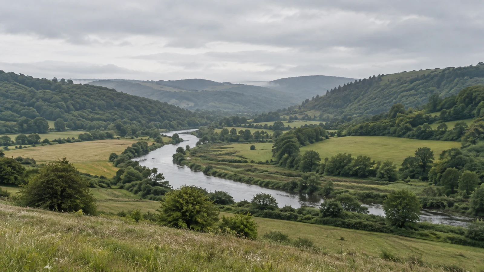 A pale river curves through green meadows and hedgerow-lined fields in a broad valley, with wooded hills fading into mist beneath a cloudy sky.