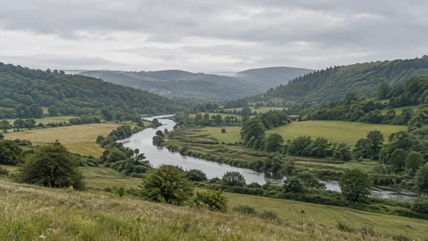 A pale river curves through green meadows and hedgerow-lined fields in a broad valley, with wooded hills fading into mist beneath a cloudy sky.