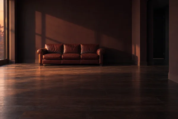 A three-seat oxblood leather sofa sits against a dark plum wall in a spacious living room, with copper sunset light entering through a tall window at left and…