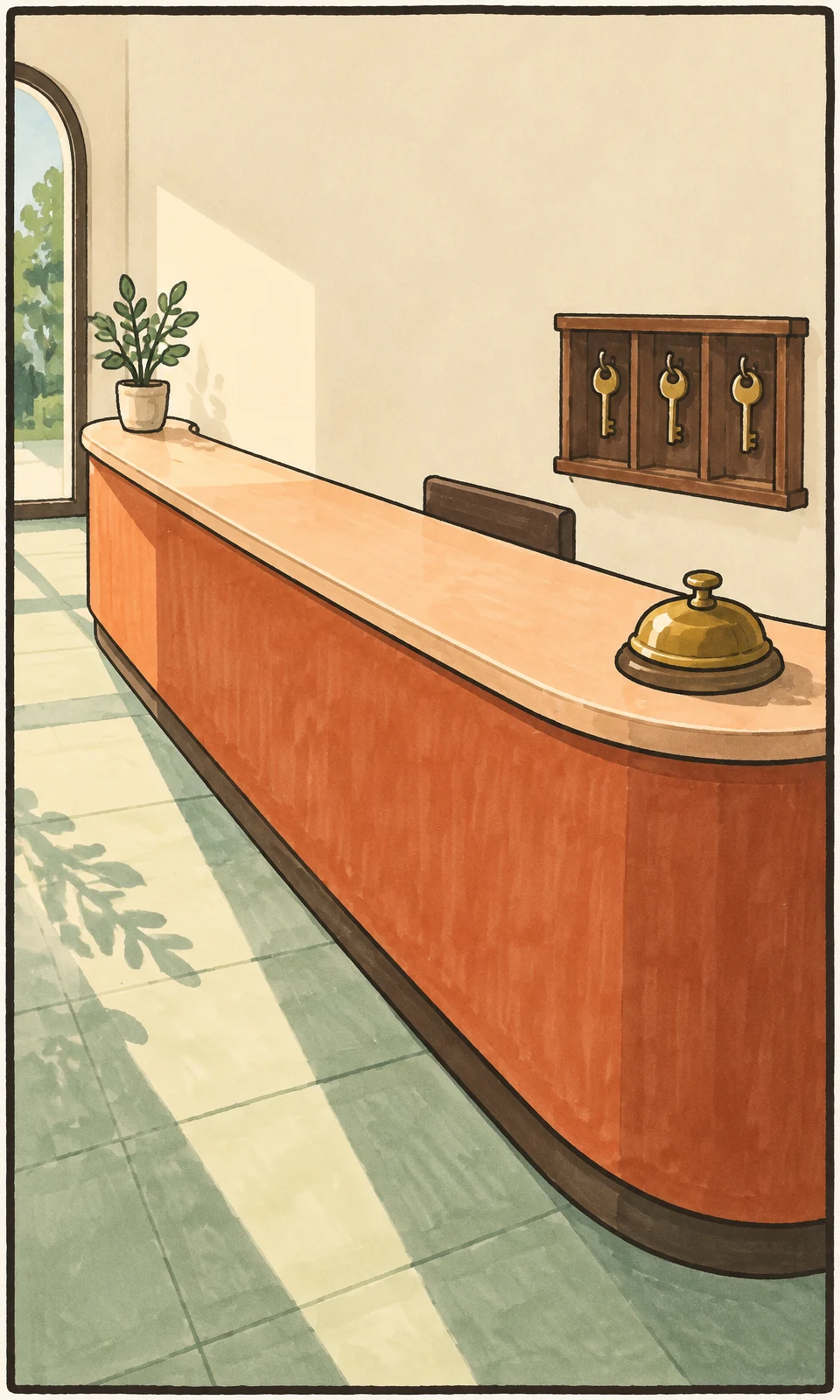 A long terracotta hotel reception desk with a pale peach countertop sweeps across a warm-ivory lobby toward the foreground.