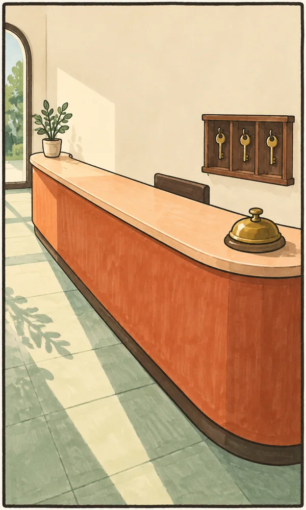 A long terracotta hotel reception desk with a pale peach countertop sweeps across a warm-ivory lobby toward the foreground.