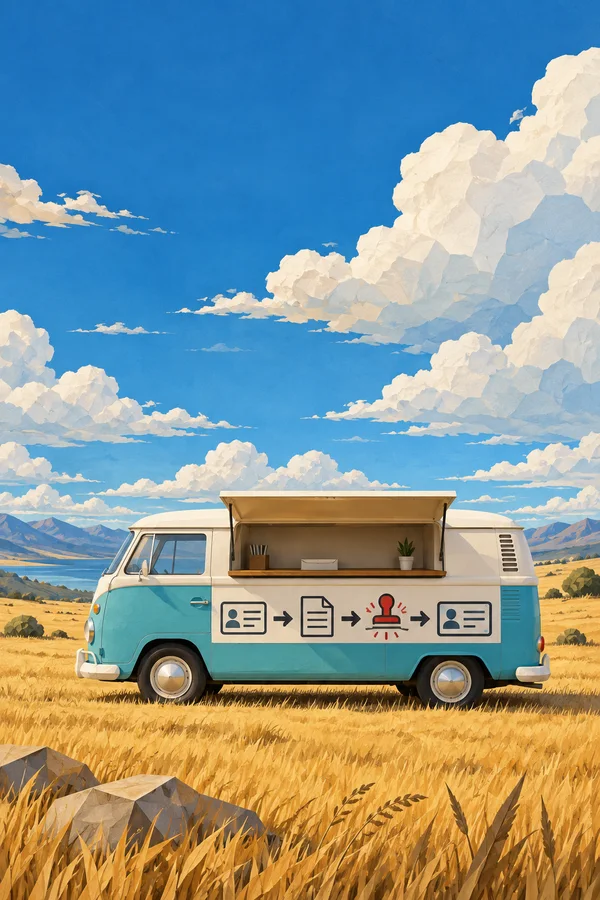 A turquoise-and-cream vintage camper van sits in golden grassland beneath a deep blue sky and large faceted white clouds.