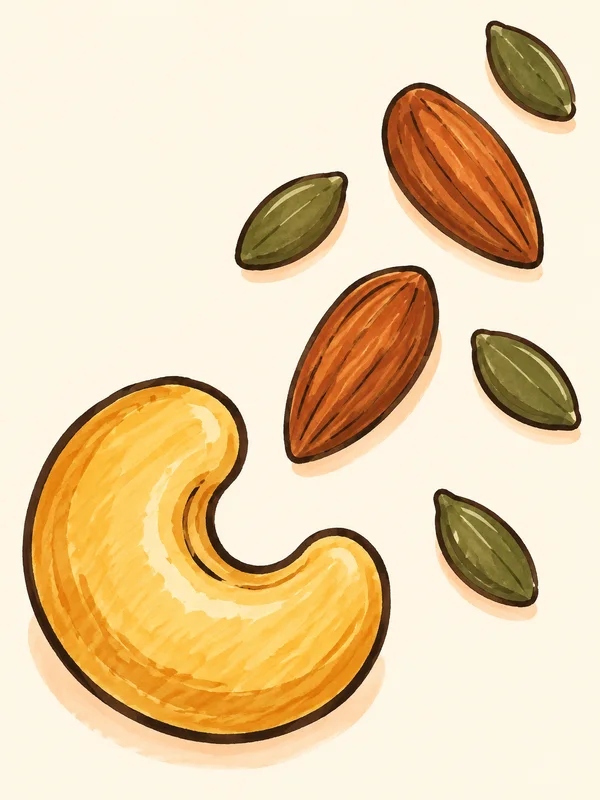 A large golden cashew, two russet almonds and four olive-green seeds are scattered diagonally across a warm ivory background in a hand-drawn marker style.