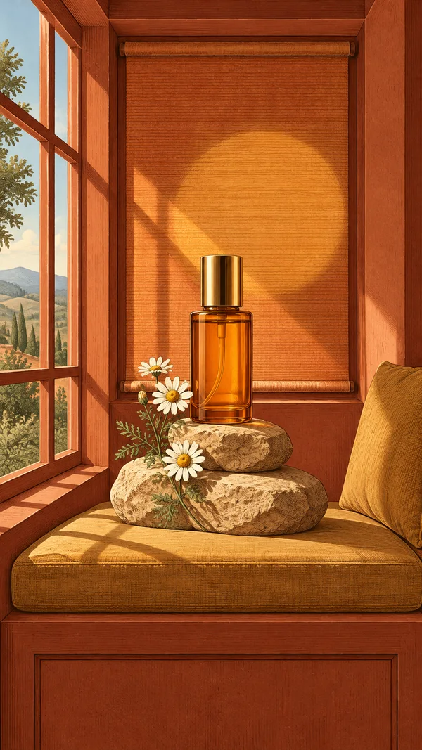 An unlabelled amber serum bottle with a gold cap stands on two natural rocks beside white daisies on an ochre-cushioned window seat, framed by a terracotta…