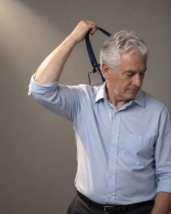 A silver-haired older man in a pale-blue shirt looks down while lifting a navy lanyard over his head; its rectangular badge holder hangs behind his shoulder…