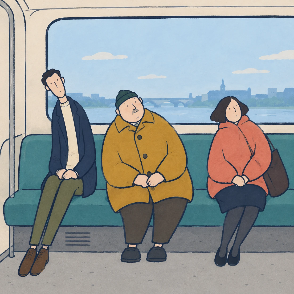 Three commuters sit spaced along a teal train bench, leaning to the left; a large window behind them shows a river, bridge, distant buildings and clouds.