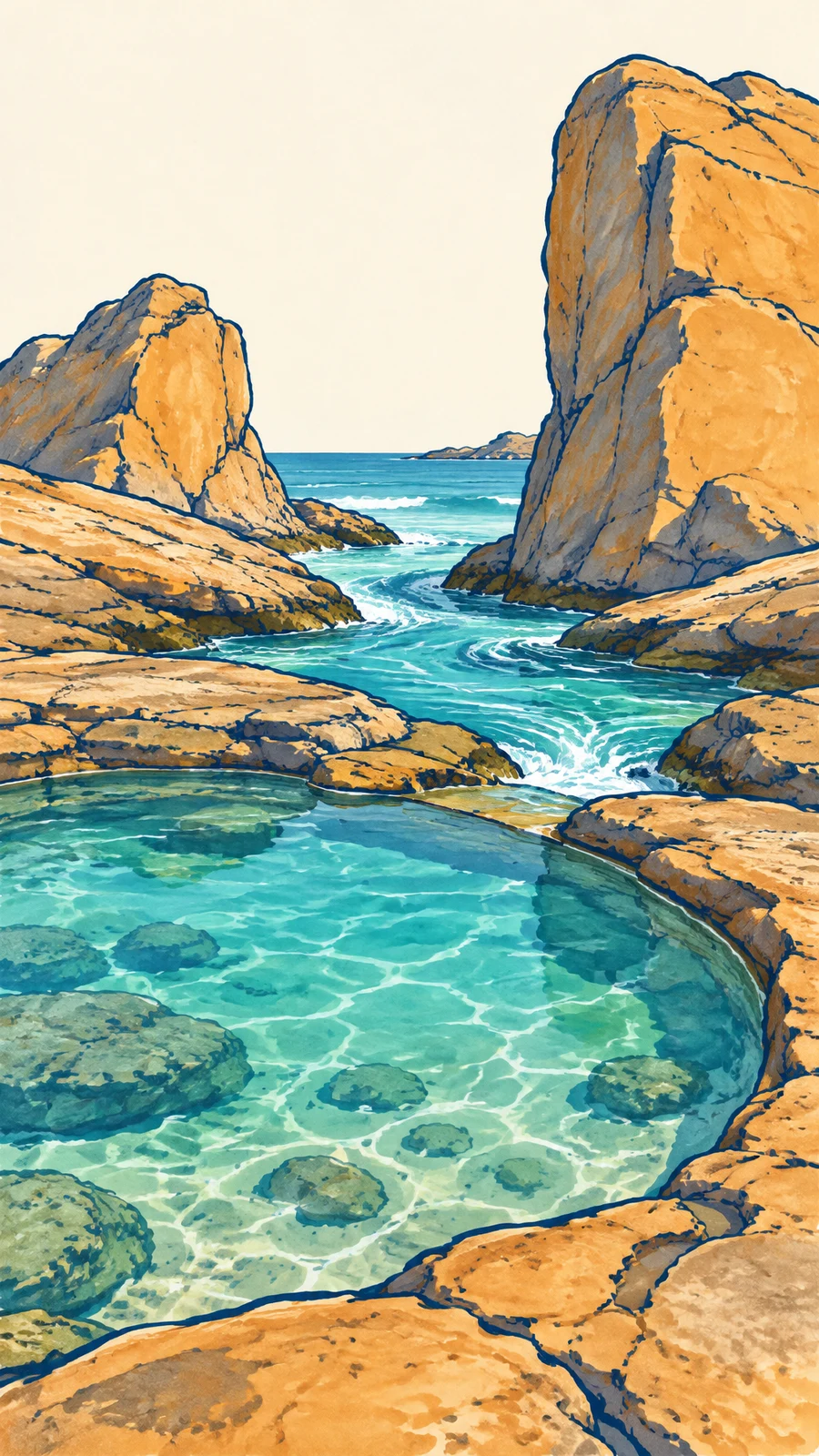 A turquoise coastal rock pool fills the foreground, with a narrow channel winding between large ochre rocks toward the sea and a pale cream sky above.