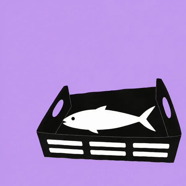 A white fish with a black eye lies inside a large black open crate with oval handholds and six white slat openings, against a lilac background.