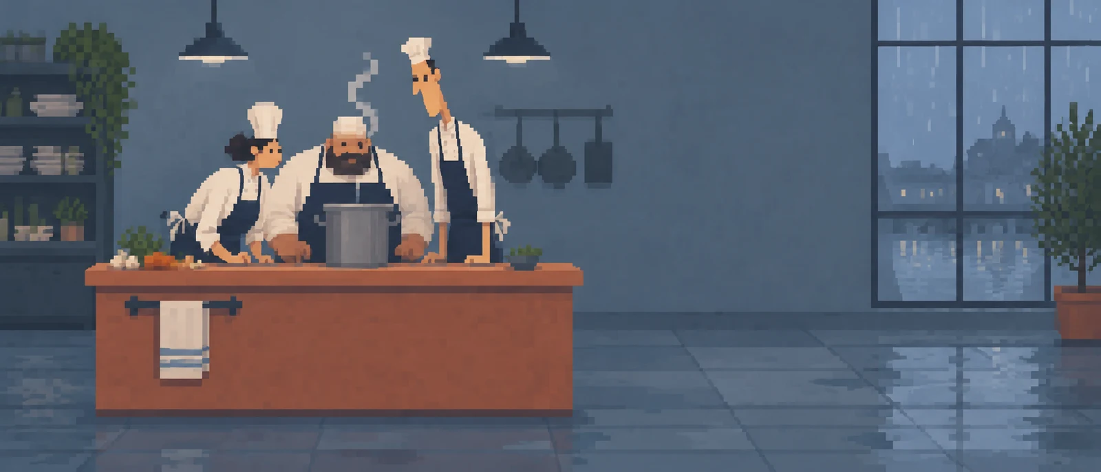 Three chefs in cream uniforms and dark aprons stand behind a terracotta kitchen island, gathered around a stockpot with a curl of steam.